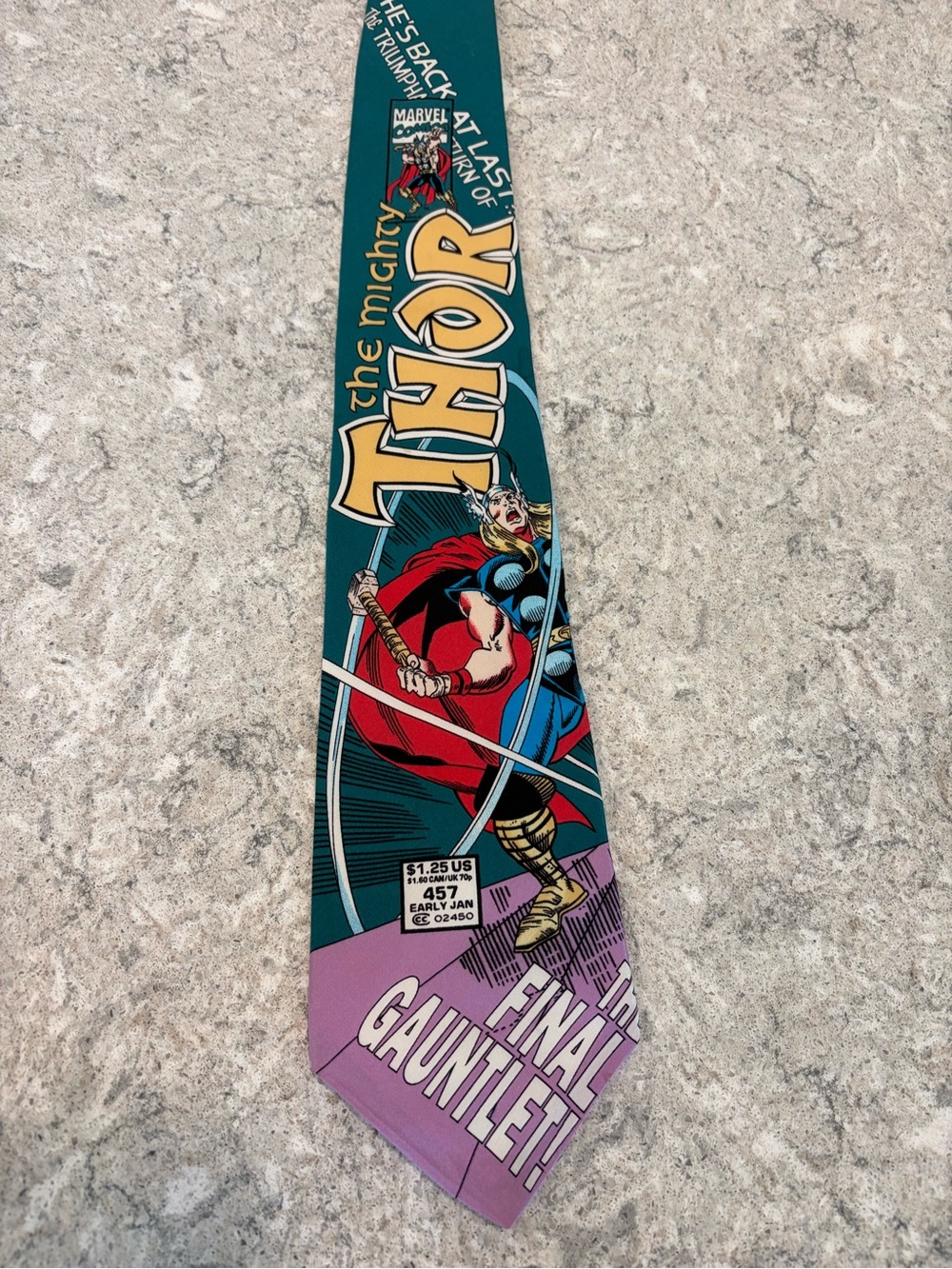 The Mighty Thor Vintage Marvel Comic Panel Necktie - Teal, Red, Purple